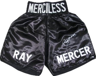 Ray Mercer signed Black Satin Boxing Trunks w/ Merciless (1988 Seoul Olympic Gold)
