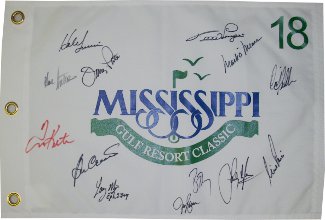 Mississippi Gulf Resort Classic signed 2010 19x13 Pin Flag 13 sigs-Nick Price/Larry Mize/Mark O'Meara/Tom Kite- Beckett Holo
