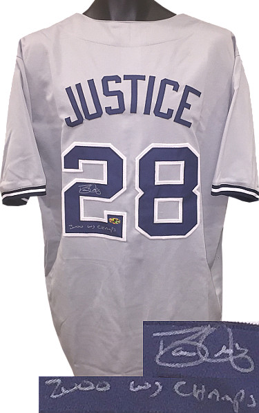 Dave/David Justice signed Gray TB Custom Stitched Pro Baseball Jersey 2000 WS Champs XL- MAB Hologram