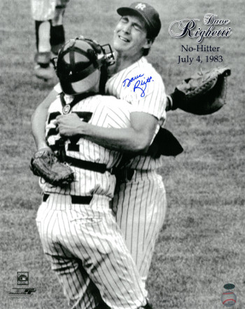 Dave Righetti signed New York Yankees 16x20 B&W Photo (celebration hug-No Hitter- July 4, 1983)