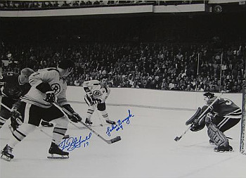 Fred Stanfield & Johnny Bucyk Dual signed Boston Bruins Vintage 16x20 B&W Photo