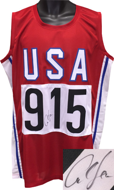 Carl Lewis signed Red TB Team USA Stitched Pro Style Track & Field #915 Jersey XL- JSA Hologram