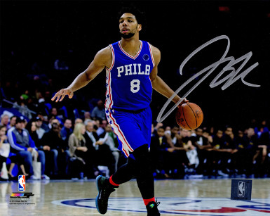 Jahlil Okafor signed Philadelphia 76ers 16x20 Photo (horizontal blue jersey dribble)