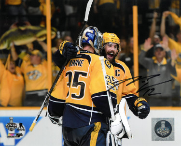 Mike Fisher signed Nashville Predators 2017 Stanley Cup Final 8x10 Photo #12 (right side sig-w/ Rinne hug pose)