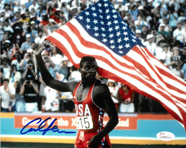 Carl Lewis signed Team USA 8x10 Photo (Flag)- JSA Witnessed Hologram (Olympics)