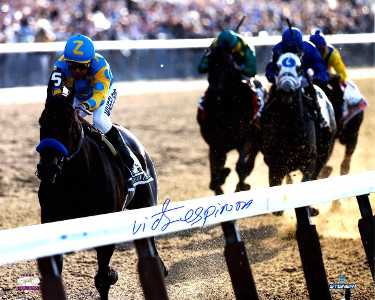 American Pharoah signed 16x20 Photo 2015 Belmont Stakes Final Stretch Horse Racing Triple Crown w/ Victor Espinoza- Steiner Holo