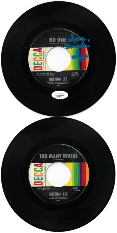 Brenda Lee signed No One/Too Many Rivers Decca Records 7" 45 RPM Vinyl Record "Love"- JSA #KK58212