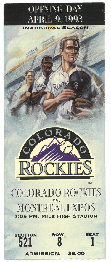 1993 Colorado Rockies Inaugural Season Ticket Stub vs Montreal Expos- Opening Day 4/9/93