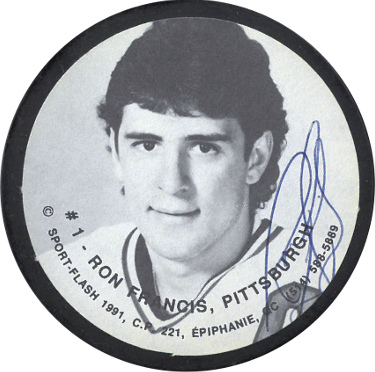 Ron Francis signed 1991 Boston Bruins Sports-Flash NHL Photo Puck- JSA
