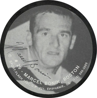 Marcel Bonin signed 1991 Boston Bruins Sports-Flash NHL Photo Puck- JSA #LL60535