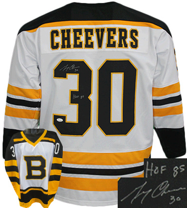 Gerry Cheevers signed Boston White TB Custom Stitched Pro Hockey Jersey #30 HOF 85 XL- JSA Witnessed