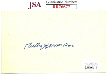 Billy Herman signed 3x5 Index Card- JSA #RR76677 (Cubs/Dodgers)
