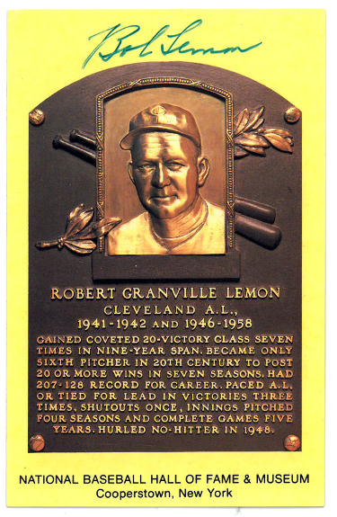 Bob Lemon signed Hall of Fame Plaque Card- JSA #RR76647 (3.5x5.5) (Cleveland Indians)