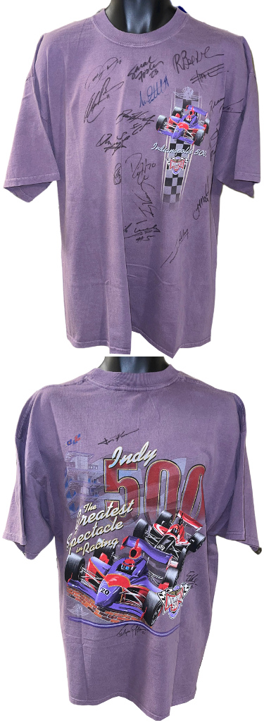 2002 Indianapolis 500 Logo VIP T-Shirt signed/21 sigs JSA LOA Helio Castroneves/Feliepe Giaffrone/Sarah Fisher/Michael Andretti