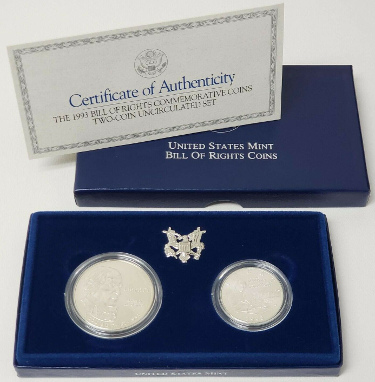 1993 US Bill of Rights $1 Silver Dollar &  Clad Half 2-Coin US Mint Set Uncirculated Proof Box & COA