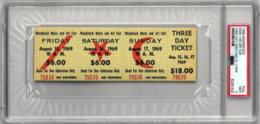 1969 Woodstock Music & Art Fair- PSA Slabbed Mint 9 Rare $18 Advance Purchase Vintage 3 Day Full Ticket Aug 15-17, 1969