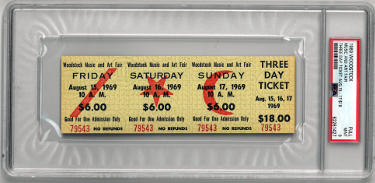 1969 Woodstock Music & Art Fair- PSA Slabbed Mint 9 Rare $18 Advance Purchase Vintage 3 Day Full Ticket Aug 15-17, 1969