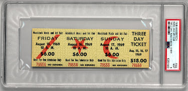 1969 Woodstock Music & Art Fair- PSA Slabbed Mint 9 Rare $18 Advance Purchase Vintage 3 Day Full Ticket Aug 15-17, 1969