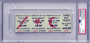 1969 Woodstock Music & Art Fair- PSA Slabbed NM-MT 8 Original Vintage 3 Day $24 Full Concert Ticket Aug 15-17, 1969