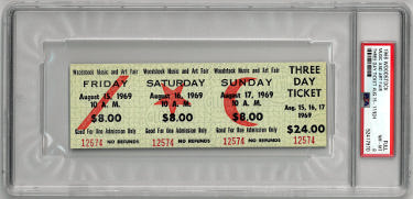 1969 Woodstock Music & Art Fair- PSA Slabbed NM-MT 8 Original Vintage 3 Day $24 Full Concert Ticket Aug 15-17, 1969