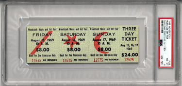 1969 Woodstock Music & Art Fair- PSA Slabbed NM-MT 8 Original Vintage 3 Day $24 Full Concert Ticket Aug 15-17, 1969