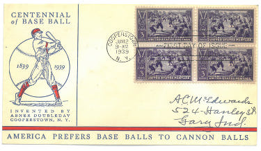 1839-1939 Centennial Of Baseball  First Day Cover Cachet Cooperstown Stamped/4 Stamp Block