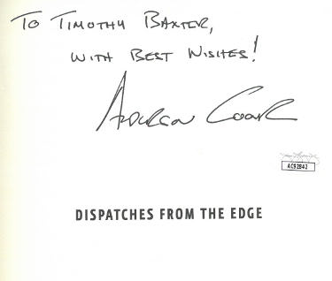 Anderson Cooper signed 2006 Dispatches from the Edge Hardcover Book- JSA #AC92842- w/ To Timothy Baxter With Best Wishes insc