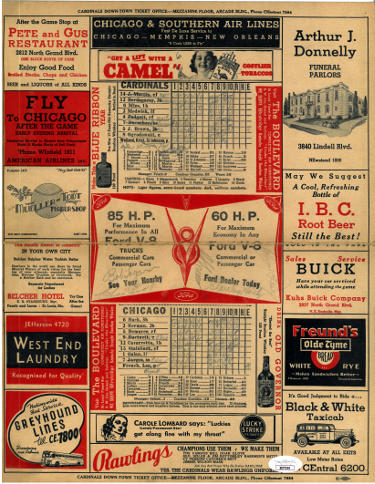 1938 Chicago Cubs/St. Louis Cardinals 11x14 Official 5 Cent Score Card 5 Sigs: Stan Hack/C. Grimm/B. Logan/C. Root/L. Frey JSA