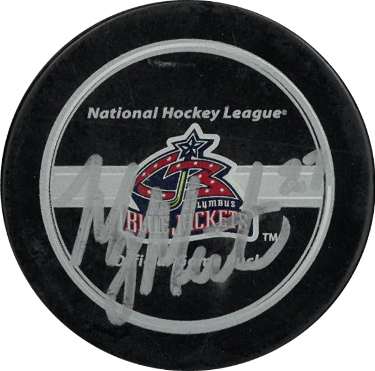 Manny Malhotra signed Columbus Blue Jackets Logo Hockey Puck- Blue Jackets COA