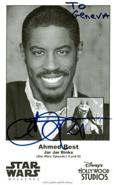 Ahmed Best signed Jar Jar Binks Star Wars Weekends 4.75x7.75 B&W Photo To Geneva- COA (Disney's Hollywood Studios)