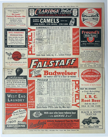 1941 St. Louis Cardinals/Pittsburgh Pirates Sportsman Park 11.25x14.25 Official 5 Cent Score Card (08/10/41)-Scored- PRISTINE