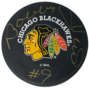 Bobby Hull signed Chicago Blackhawks Official NHL Hockey Puck #9- COA (HOF/Golden Jet/Canada)