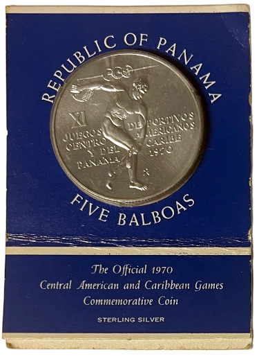 1970 Republic of Panama Sterling Silver 0.925 Five Balboas Caribbean Games Coin