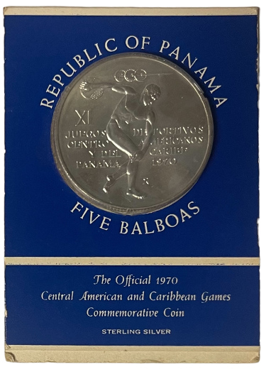 1970 Republic of Panama Sterling Silver 0.925 Five Balboas Caribbean Games Coin