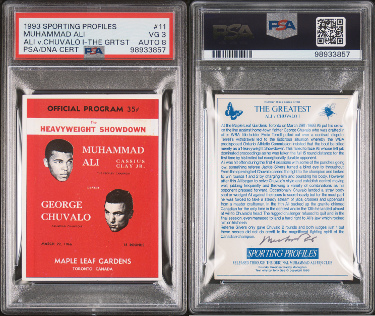 1993 Sporting Profiles The Greatest - #11 Muhammad Ali SIGNED, George Chuvalo PSA VG 3/ Auto 8 (Cassius Clay)
