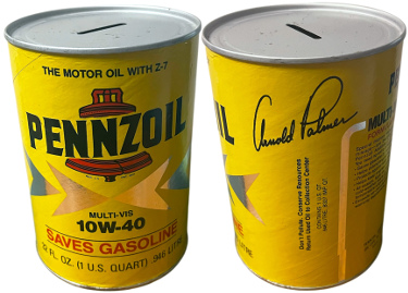 Arnold Palmer Vintage Pennzoil 10W-40 Motor Oil Can Coin Bank (Full Size/Like New)