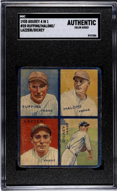 1935 Goudey 4 in 1 Card #2D- SGC Slabbed Authentic/Color Added- Ruffing/Malone/Lazzeri/Dickey 9 (NY Yankees/Red Sox/HOF)