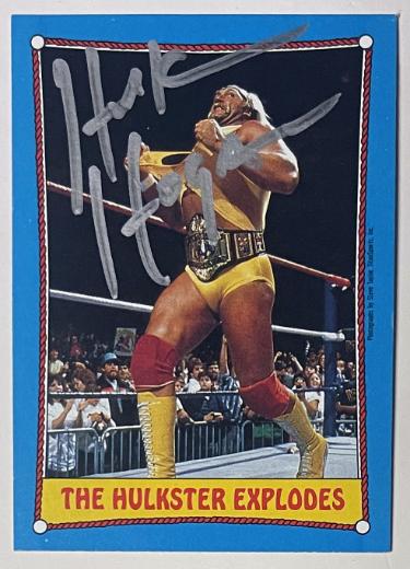 Hulk Hogan signed 1987 Topps WWF The Hulkster Explodes On Card Auto #26- COA