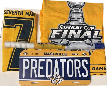 Nashville Predators Arena Giveaway Lot- 2017 Stanley Cup Final Game 3 T-Shirt/Seventh Man Towel/2006 Playoffs Flag/License Plate