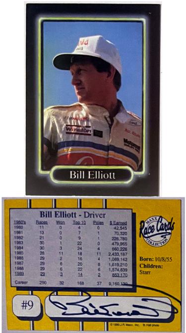 Bill Elliott signed 1990 Maxx NASCAR On Card Auto #9- COA (signed on back)