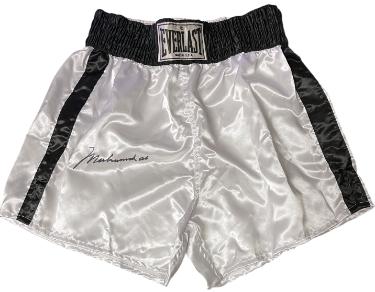 Muhammad Ali signed Everlast White Satin/Black Stripe Boxing Trunks XL- Beckett/COA/Photo
