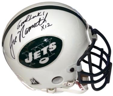 Joe Namath signed New York Jets Riddell TB NFL Authentic Mini Helmet Good Luck!/x12- Beckett Review