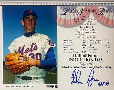 Nolan Ryan signed New York Mets Hall of Fame Induction Day MLB Licensed 8x10 Photo/Card HOF 99- Nolan Ryan Foundation COA (HOF)
