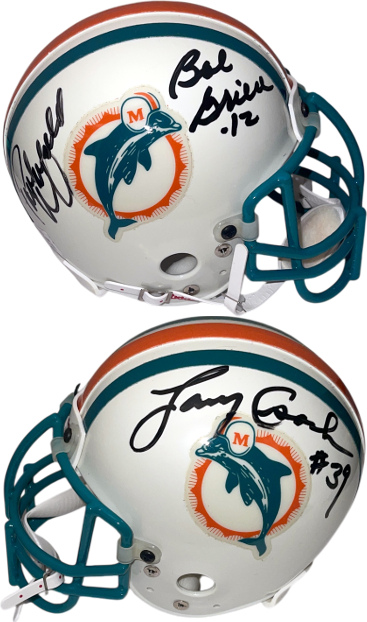 Miami Dolphins Greats- Bob Griese/Larry Csonka/Paul Warfield signed Riddell TB Authentic Mini Helmet- Tuff Stuff COA/Photos/Show