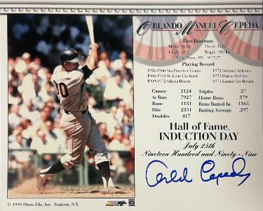 Orlando Cepeda signed MLB Licensed Hall of Fame Induction Day 8x10 Photo/Card- Tuff Stuff COA/Show Ticket