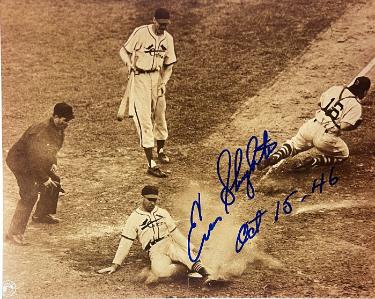 Enos Slaughter signed St. Louis Cardinals Mad Dash World Series MLB Vintage Sepia Tone 8x10 Photo Oct 15, 46 imperfect- COA