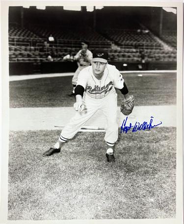 Hoyt Wilhelm signed Baltimore Orioles Vintage B&W 8x10 Photo imperfect- COA (HOF)