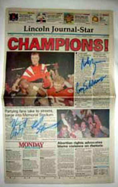 Nebraska Cornhuskers Lincoln Journal Star Newspaper signed by 4- Cory Schlesinger/Ed Stewart/Rob Zatechka/Zach Wiegert imperfect