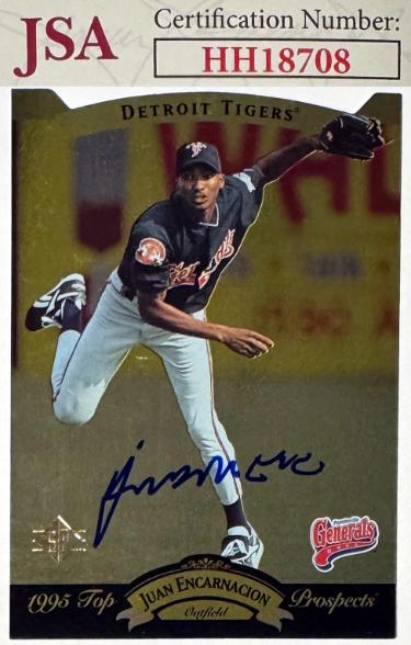 Juan Encarnacion signed 1995 SP Top Prospects Rookie On Card Auto (RC) #53- JSA #HH18708 (Detroit Tigers)