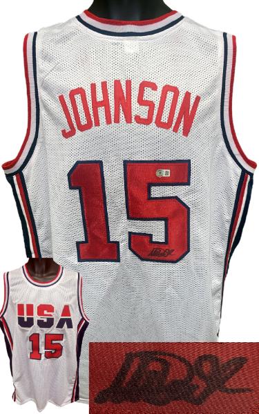 Magic Johnson signed Team USA Olympic Dream Team White TB Custom Stitched Basketball Jersey XL- Beckett Witnessed